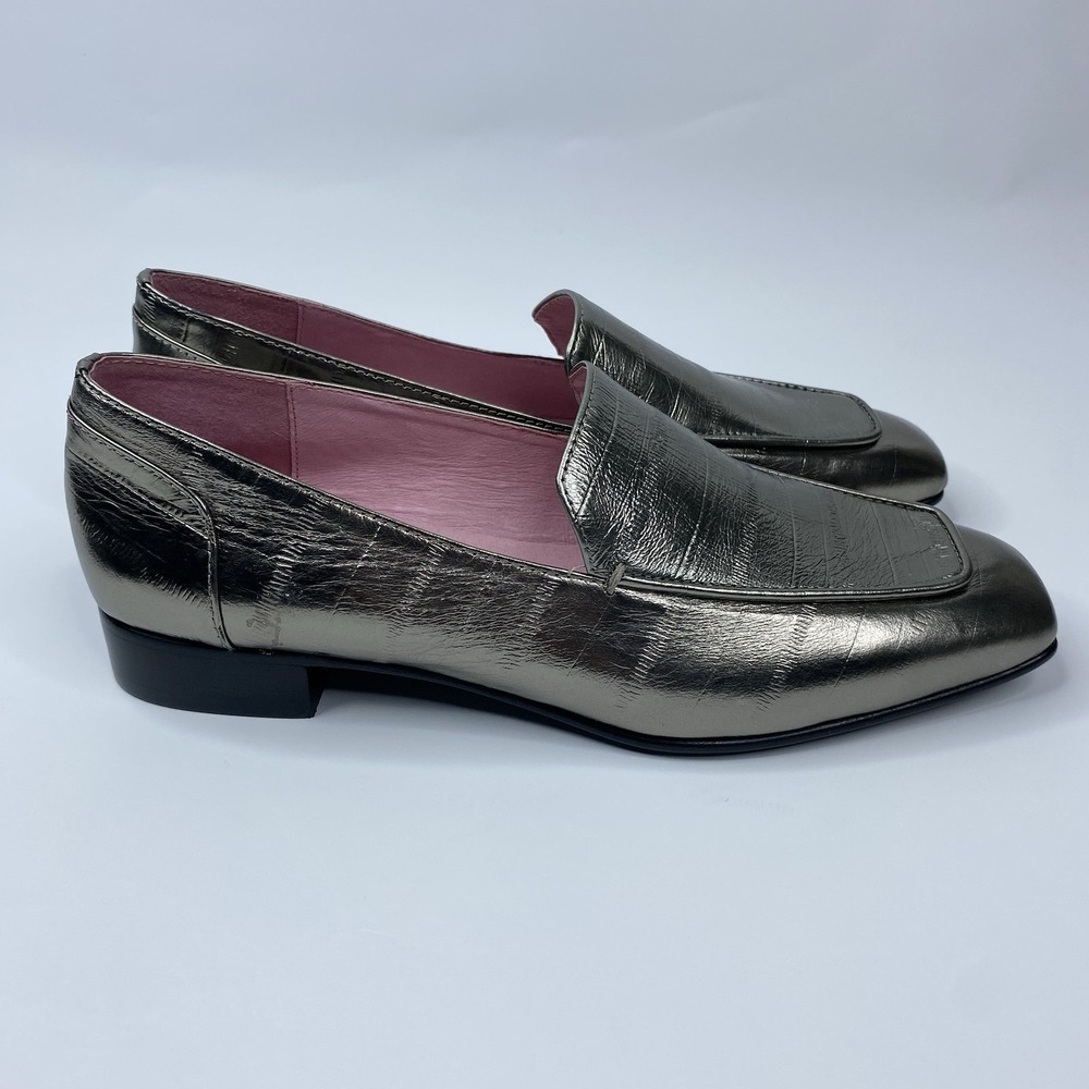 Gini & Albert The Babs Loafer in Steel Metallic Square Toe Leather Womens Sz 38